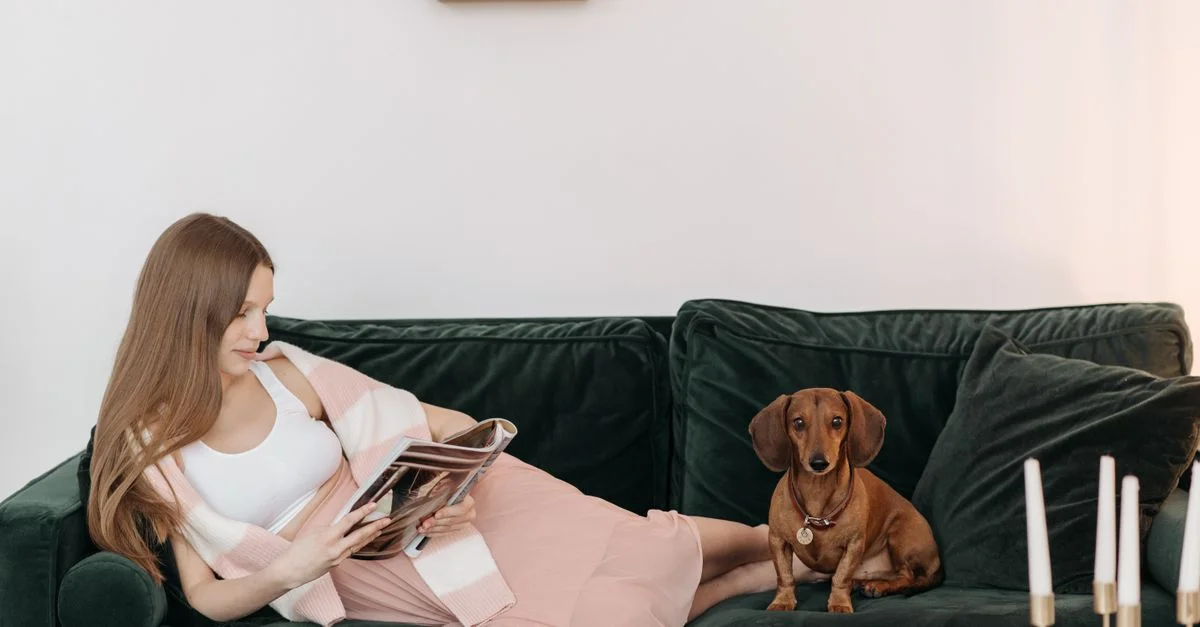 Una mujer embarazada con un vestido de maternidad lee una revista mientras se relaja en un sofá con su perro dachshund.