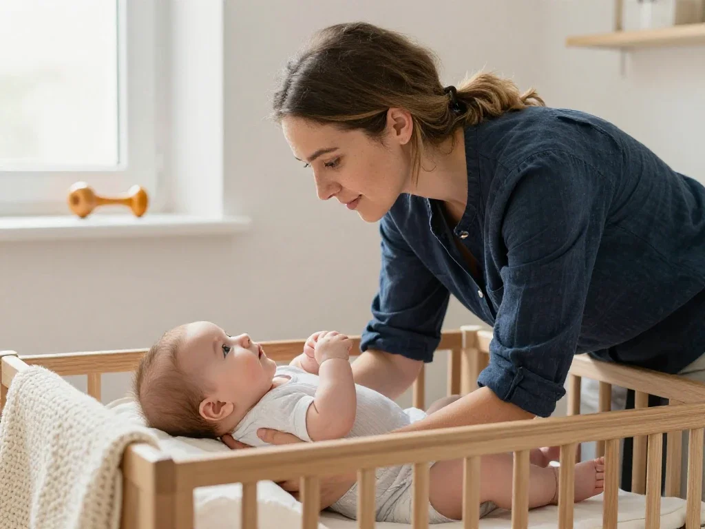 Madre española de apariencia europea alzando a su bebé en una habitación luminosa.