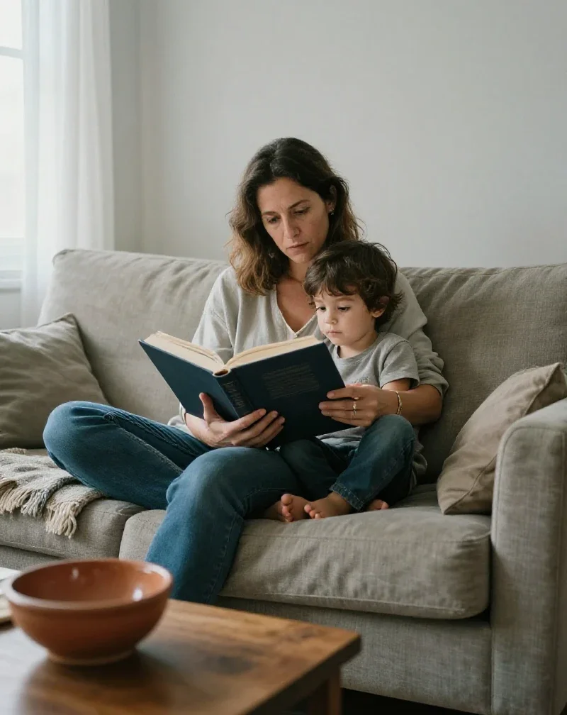Una madre española lee tranquilamente a su hijo en un salón acogedor, reflejando paz familiar.