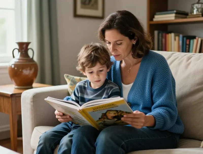 Madre e hijo leyendo juntos pausadamente en un salón acogedor, reflejando serenidad familiar.