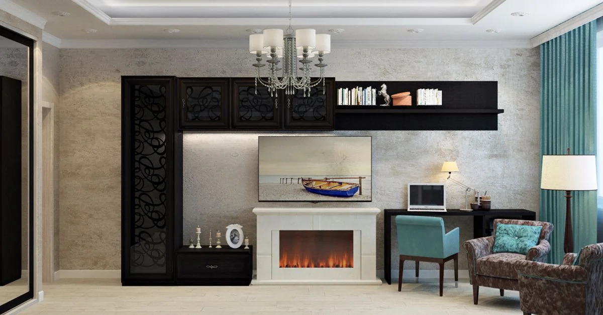 Salon moderne élégant avec cheminée et décoration stylée.