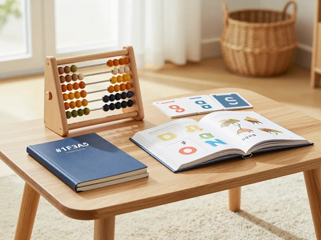 Materiales educativos y libros ilustrados dispuestos para el aprendizaje y desarrollo infantil en el hogar.